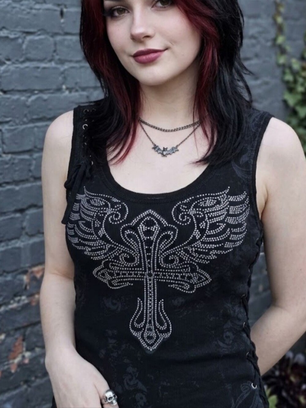LA Culture Black Ribbed Lace-up Winged Gothic Cross Tank Size Large